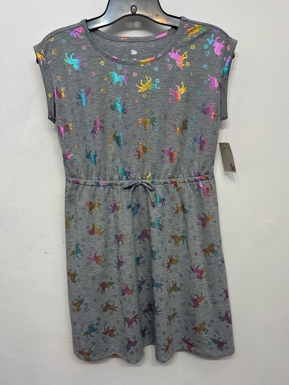 SO Gray Iridescent Rainbow Unicorn Cap Sleeve Dress Girls Size Large 12 NWT